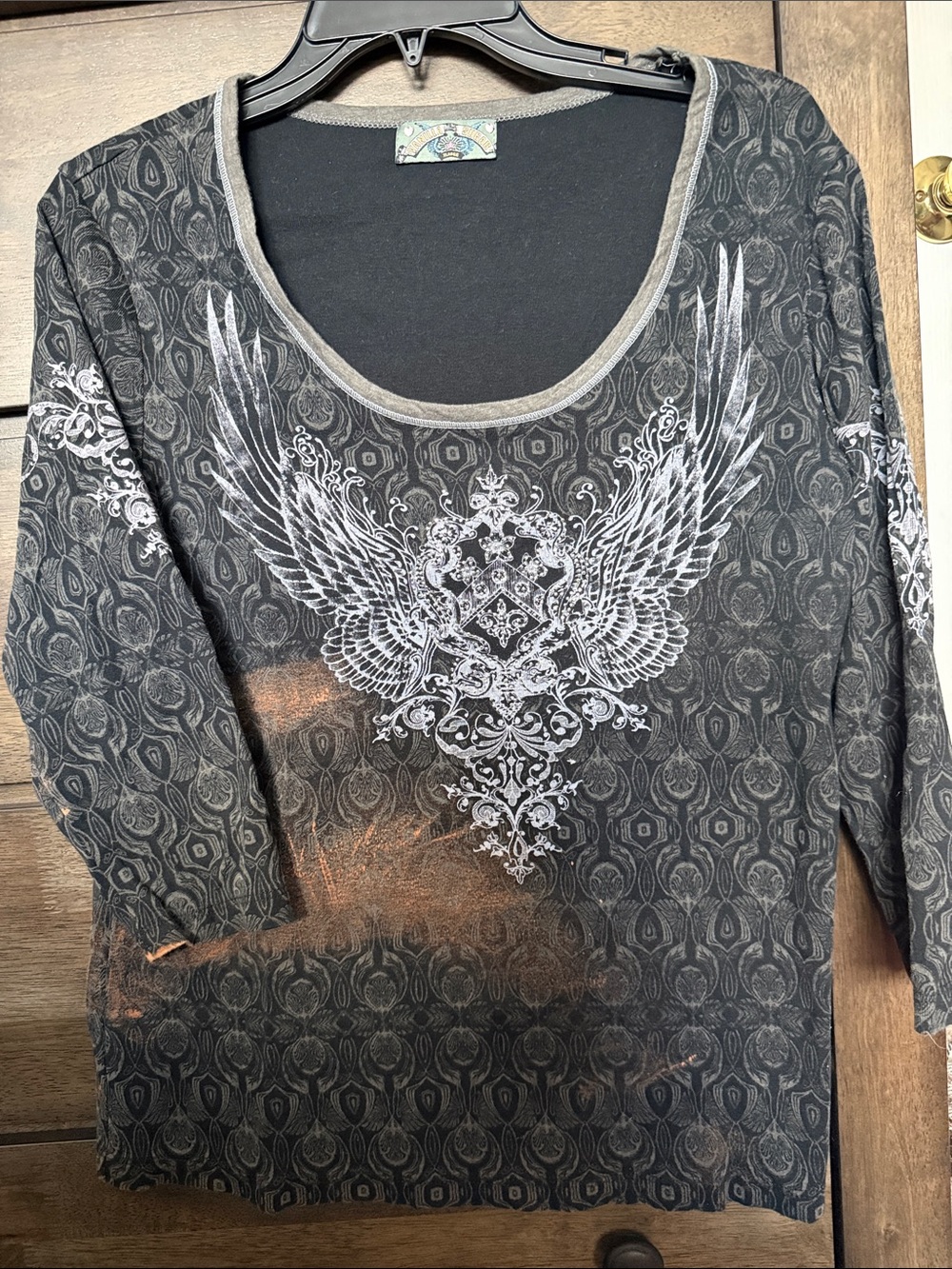 Vanilla Sugar Black Long Sleeve Scoop Neck Top with White Wing Crest